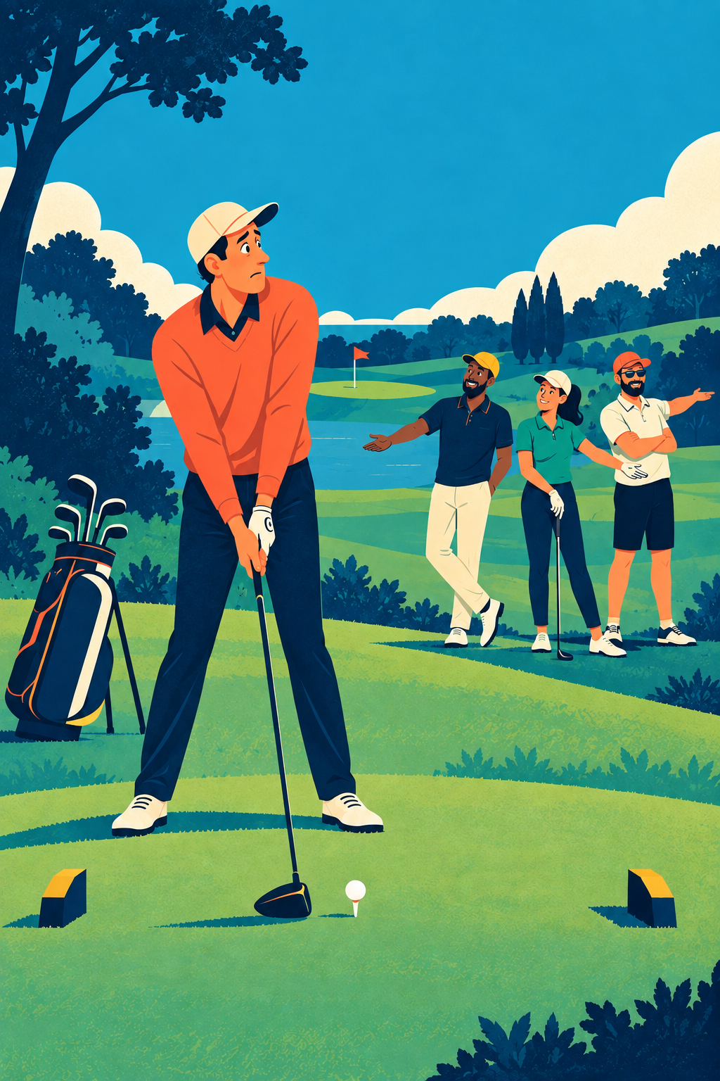 Illustration of a nervous golfer on a tee with three friendly golfers behind him
